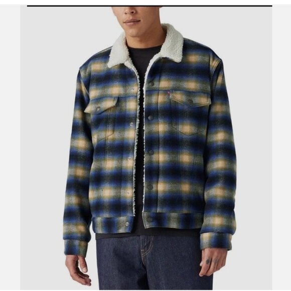 Levi's Mens Size Large Standard Twill Sherpa Trucker Jacket Blue Plaid Wool/Poly - Picture 7 of 8